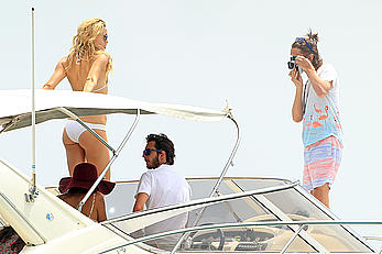 Kate Hudson in white bikini on a boat in Ibiza