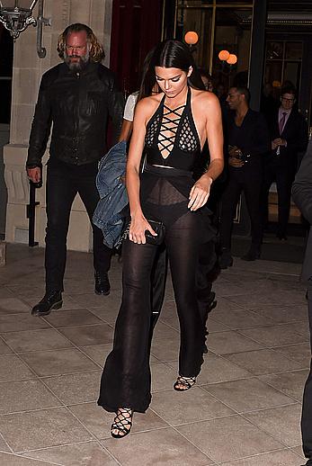 Kendall Jenner pink nipples under see through outfit in Paris