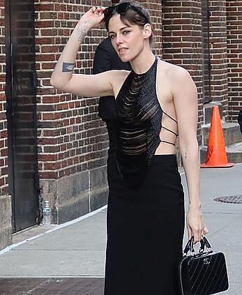 Kristen Stewart braless in see through dress on The Late Show with Stephen Colbert