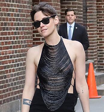 Kristen Stewart braless in see through dress on The Late Show with Stephen Colbert