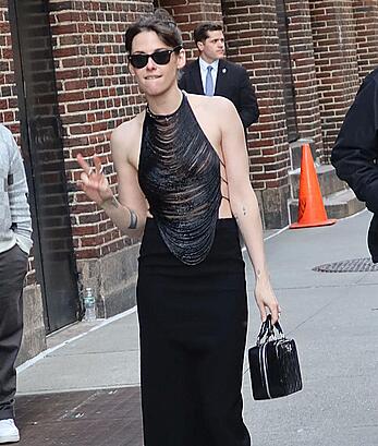 Kristen Stewart braless in see through dress on The Late Show with Stephen Colbert