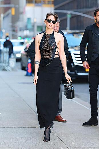 Kristen Stewart braless in see through dress on The Late Show with Stephen Colbert