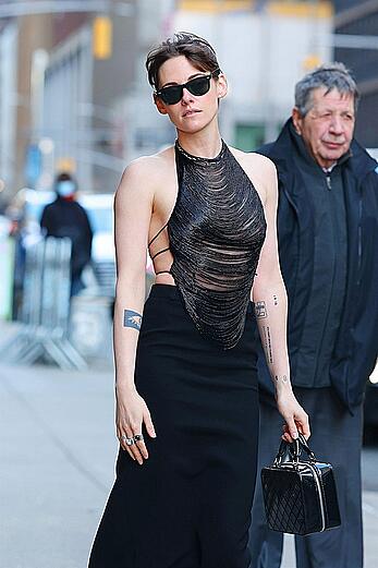 Kristen Stewart braless in see through dress on The Late Show with Stephen Colbert