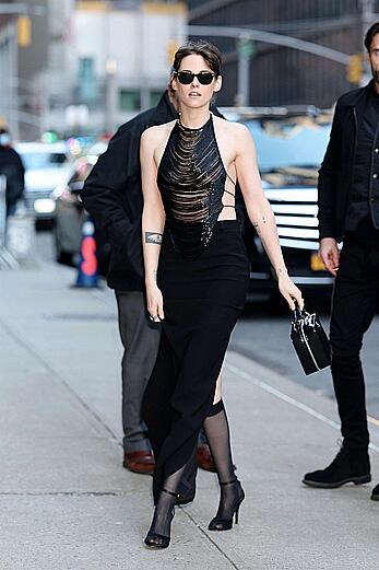 Kristen Stewart braless in see through dress on The Late Show with Stephen Colbert