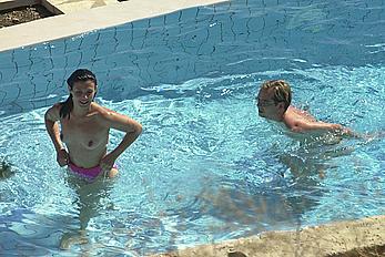 Kym Marsh topless in pink bikini panties in a pool