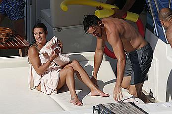 Lea Michele nipple slip in green bikini on a boat in Italy