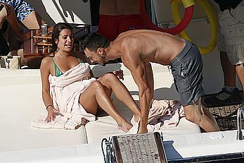 Lea Michele nipple slip in green bikini on a boat in Italy