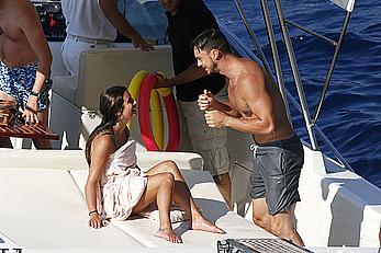 Lea Michele nipple slip in green bikini on a boat in Italy