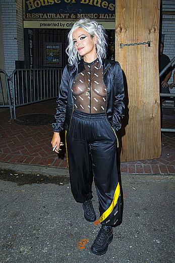 Lily Allen braless in see through top