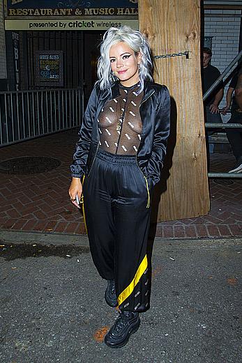 Lily Allen braless in see through top