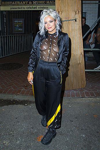 Lily Allen braless in see through top