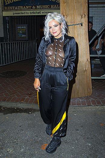 Lily Allen braless in see through top