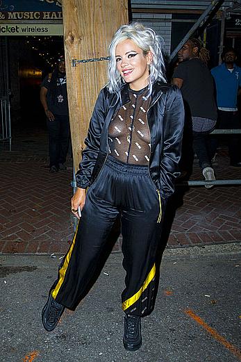 Lily Allen braless in see through top