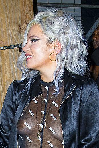 Lily Allen braless in see through top