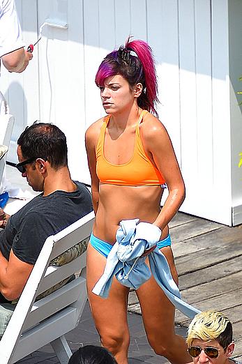 Lily Allen hard nipples under bikini at a hotel pool in New York City