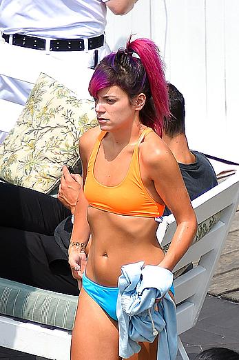 Lily Allen hard nipples under bikini at a hotel pool in New York City