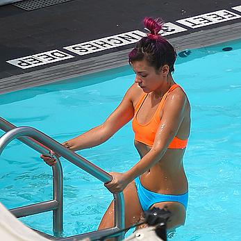 Lily Allen hard nipples under bikini at a hotel pool in New York City