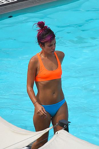 Lily Allen hard nipples under bikini at a hotel pool in New York City