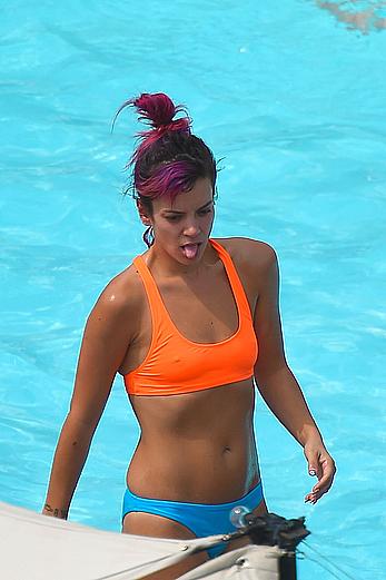 Lily Allen hard nipples under bikini at a hotel pool in New York City