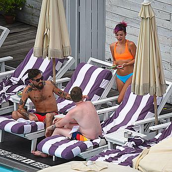 Lily Allen hard nipples under bikini at a hotel pool in New York City