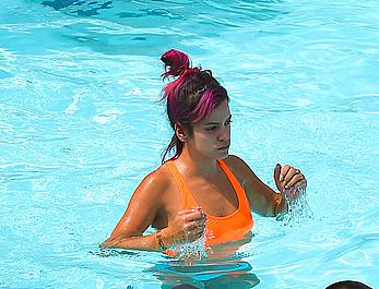 Lily Allen hard nipples under bikini at a hotel pool in New York City