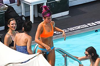 Lily Allen hard nipples under bikini at a hotel pool in New York City