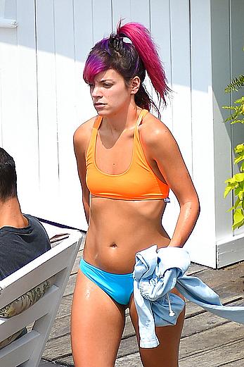 Lily Allen hard nipples under bikini at a hotel pool in New York City