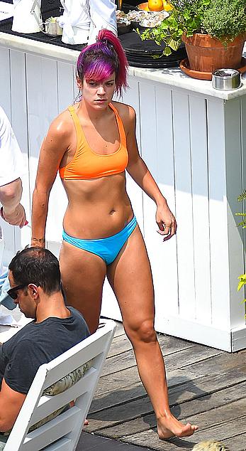 Lily Allen hard nipples under bikini at a hotel pool in New York City