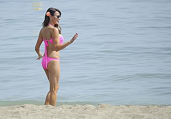 Lizzie Cundy caught in pink bikini on the beach in Marbella