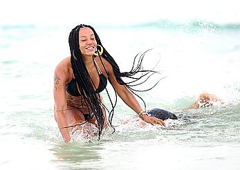 Melanie Brown in bikini candids on the beach in Mexico