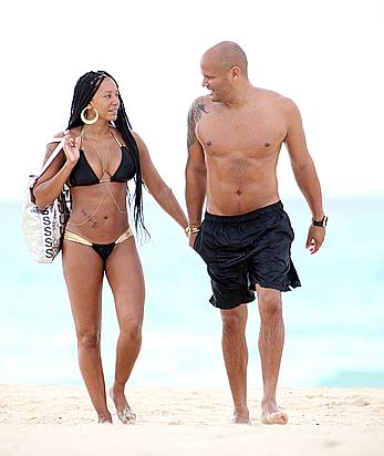 Melanie Brown in bikini candids on the beach in Mexico