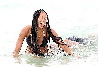 Melanie Brown in bikini candids on the beach in Mexico