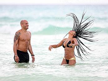 Melanie Brown in bikini candids on the beach in Mexico