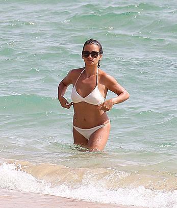 Monica Cruz in white bikini in Cadiz