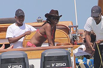 Naomi Campbell on a boat ride in Kenya