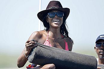 Naomi Campbell on a boat ride in Kenya