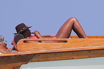 Naomi Campbell on a boat ride in Kenya