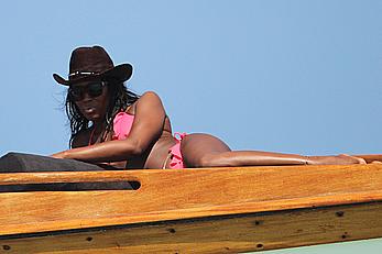 Naomi Campbell on a boat ride in Kenya