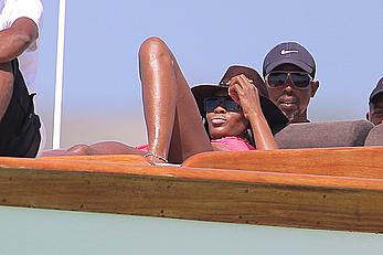 Naomi Campbell on a boat ride in Kenya