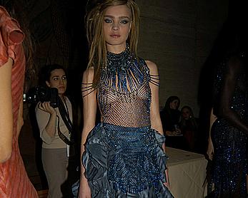 Natalia Vodianova topless under fishnet dress