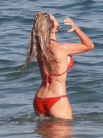 Nikki Lund in red bikini candids in Malibu