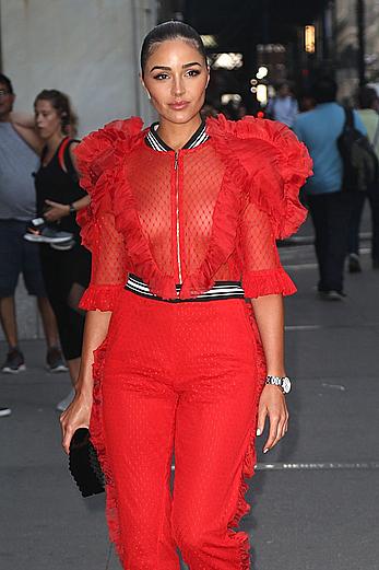 livia Culpo in red see through suit at Tag Heuer Event in NYC