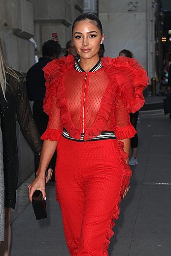 livia Culpo in red see through suit at Tag Heuer Event in NYC