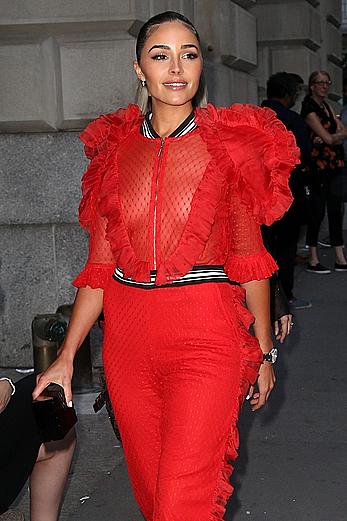 livia Culpo in red see through suit at Tag Heuer Event in NYC