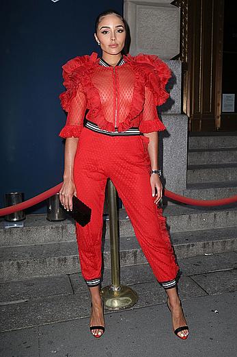 livia Culpo in red see through suit at Tag Heuer Event in NYC