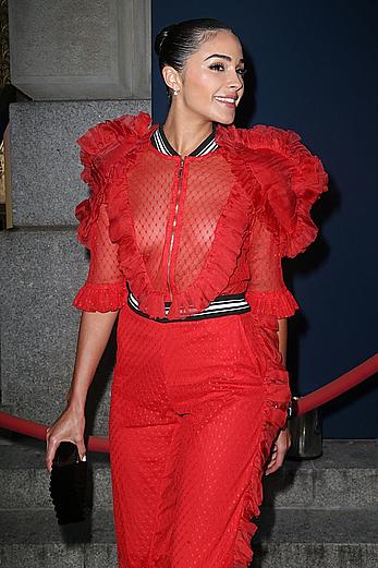 livia Culpo in red see through suit at Tag Heuer Event in NYC