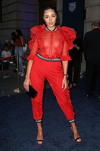 livia Culpo in red see through suit at Tag Heuer Event in NYC