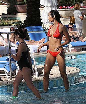 Indian actress Padma Lakshmi hard nipples under red bikini in Miami