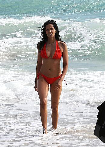 Indian actress Padma Lakshmi hard nipples under red bikini in Miami