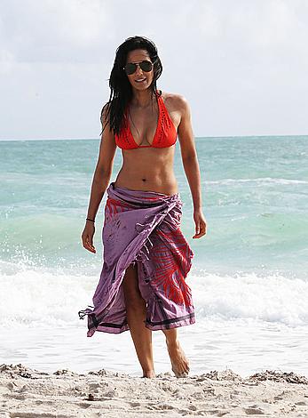 Indian actress Padma Lakshmi hard nipples under red bikini in Miami